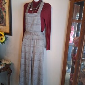 Plaid Wide-Leg Suspender Jumpsuit with Turtle NeckTop Necklace Included 3 Pieces